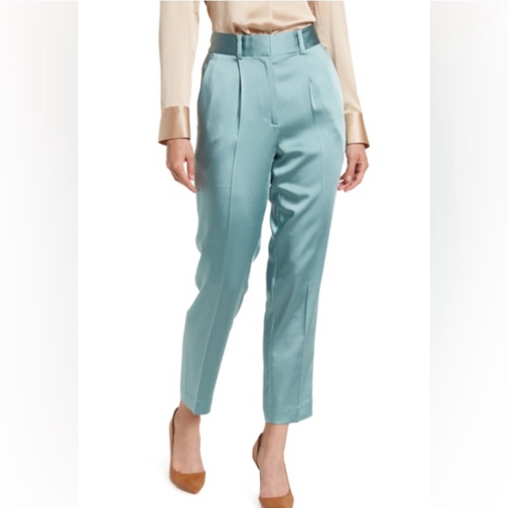Reiss Women's Elyssah Blue Teal Satin Pleated Trousers - 6
